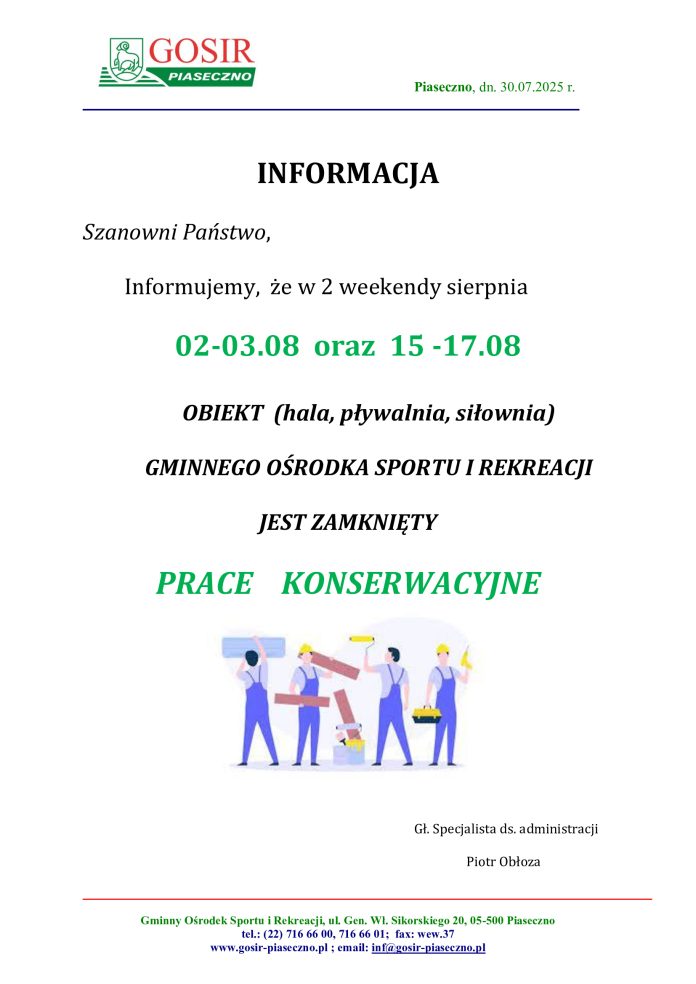Prace konserwacyjne - zamknięcie GOSiR przy ul. Sikorskiego w dniach 02-03.08 oraz 15-17.08