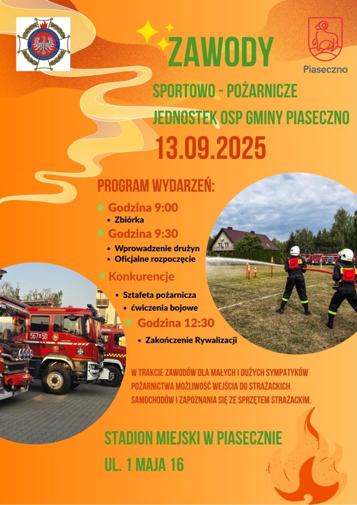 plakat Zawody Sportowo-Pożarnicze Jednostek Ochotniczych Straży Pożarnych Piaseczno 2025