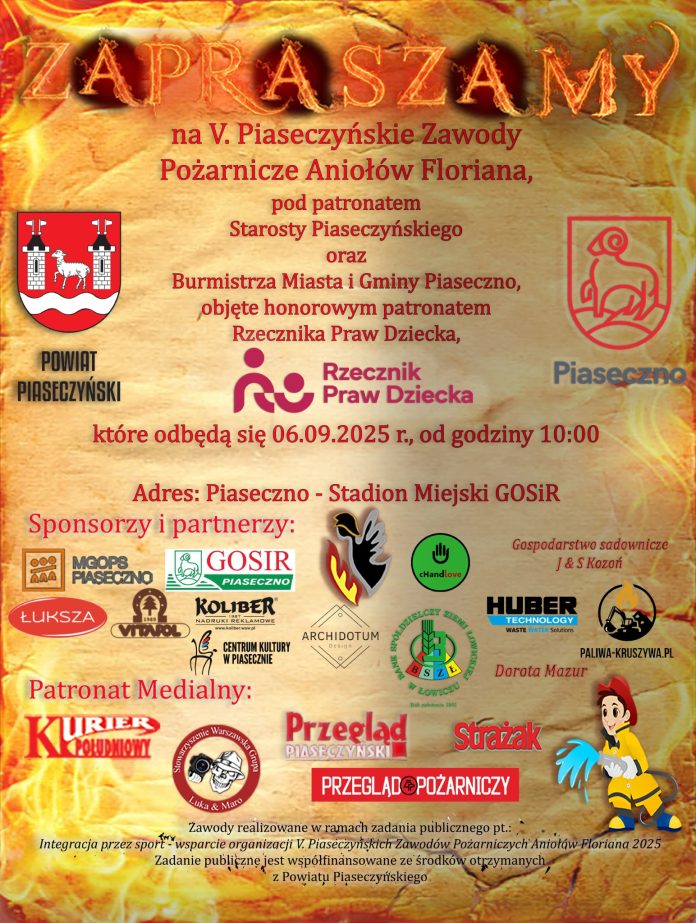 plakat zawody pożarnicze V Piaseczyńskie Zawody Pożarnicze Aniołów Floriana