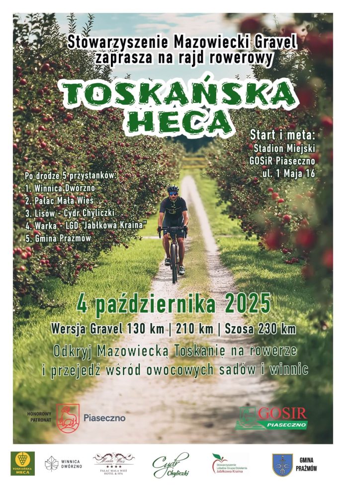 toskańska heca plakat przedstawiający kolarza jadącego przez sady