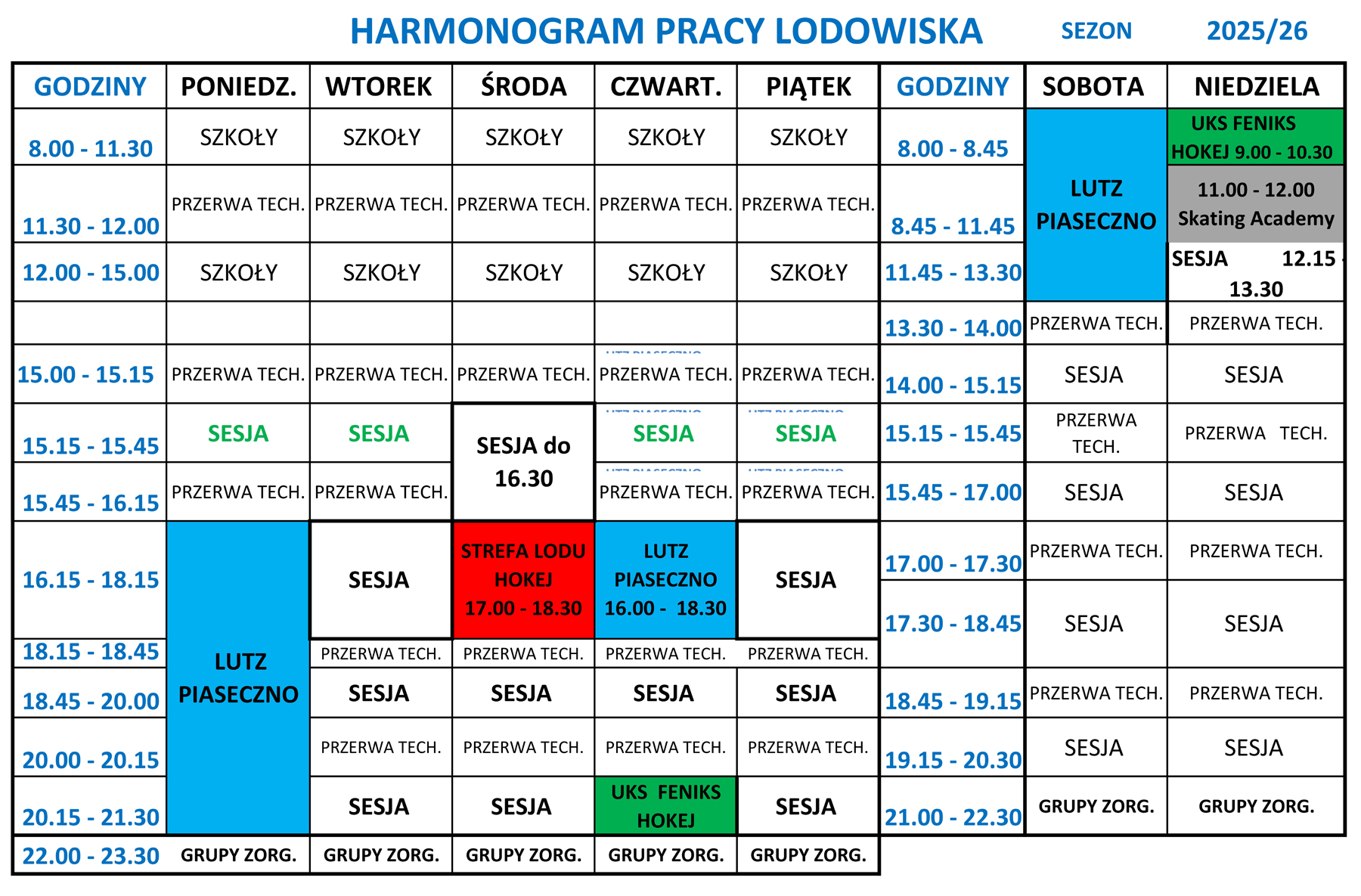 Harmonogram pracy lodowiska w tegorocznym sezonie 2025/2026
