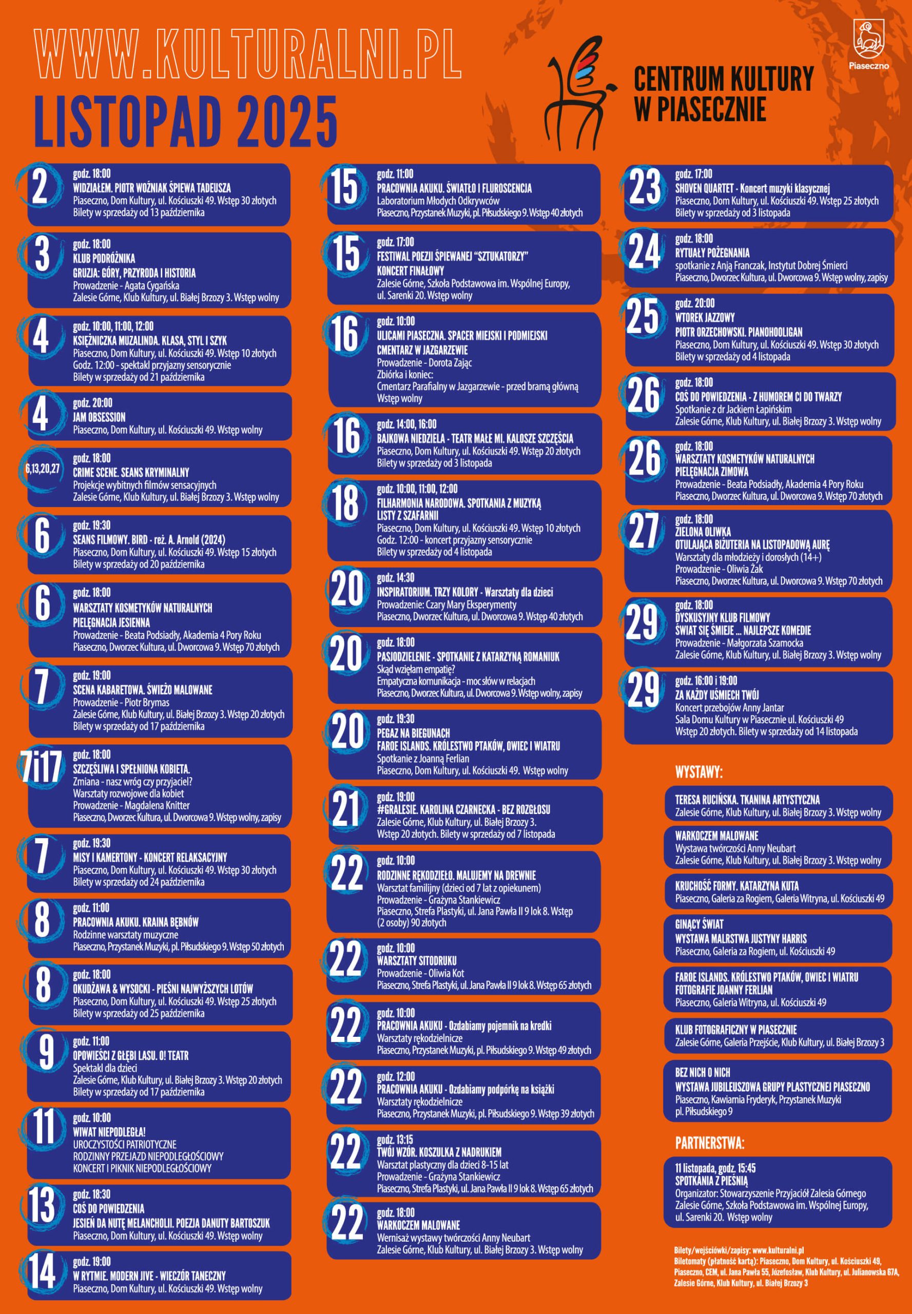 Kalendarz wydarzeń kulturalnych Centym Kultury na listopad 2025