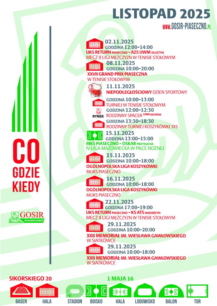 Sportowy Listopad w GOSiR Piaseczno - kalendarz imprez sportowych