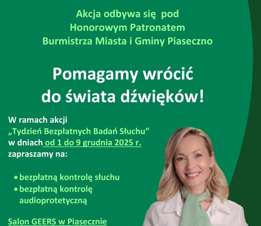 plakat z informacja na temat badań Tydzień Bezpłatnych Badań Słuchu