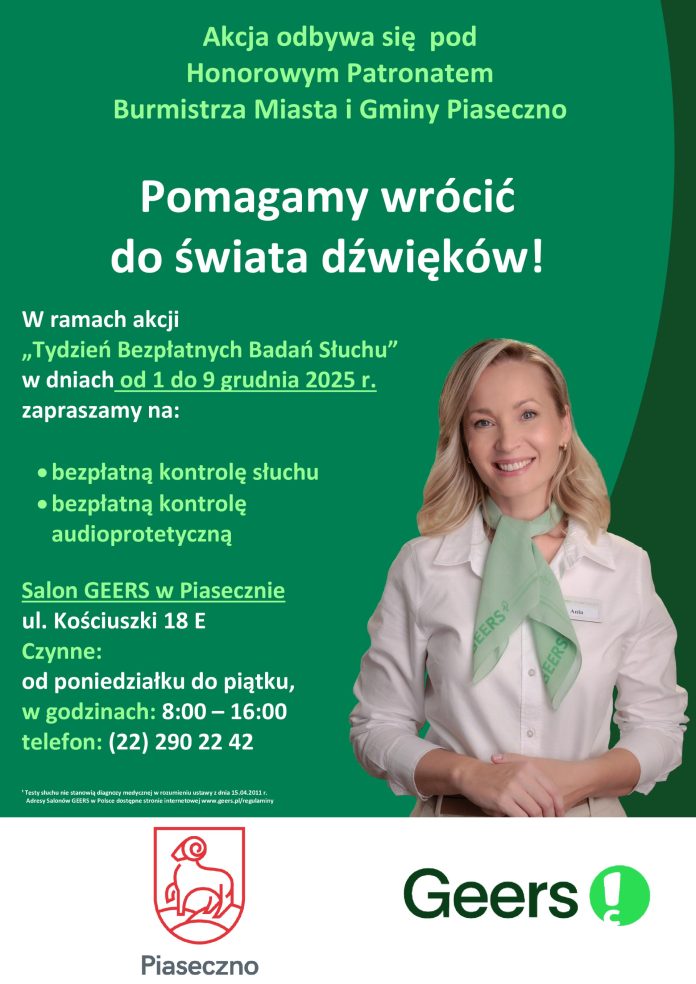 badanie słuchu Tydzień Bezpłatnych Badań Słuchu plakat z informacja na temat badań Tydzień Bezpłatnych Badań Słuchu
