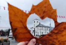 Znamy wyniki konkursu fotograficznego Jesienna fotka na 6-tkę na 596. urodziny miasta! fotografia przedstawia liść z otworem w kształcie serca przez który widać ratusz