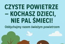 Konkurs plastyczny Czyste powietrze kochasz dzieci, nie pal śmieci! plakat, na grafice dwoje dzieci na łące, w tle drzewa