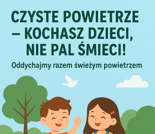 plakat, na grafice dwoje dzieci na łące, w tle drzewa