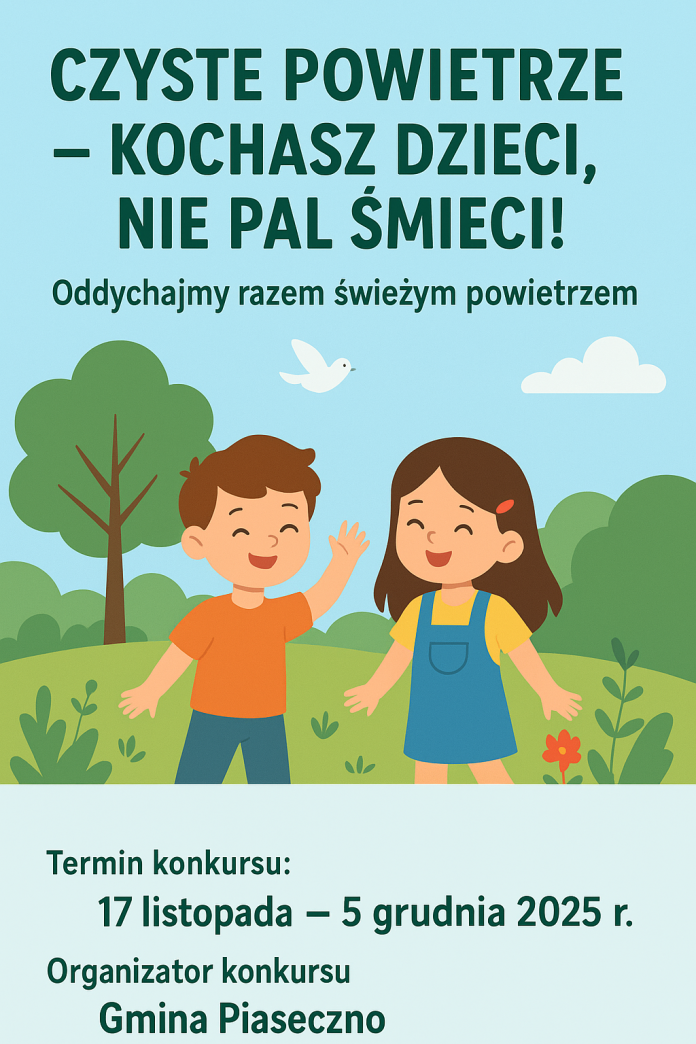 plakat konkursu Czyste powietrze plakat, na grafice dwoje dzieci na łące, w tle drzewa