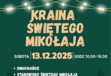 Kraina Świętego Mikołaja 2025 plakat reklamujący wydarzenie z obrazkiem Świętego Mikołaja
