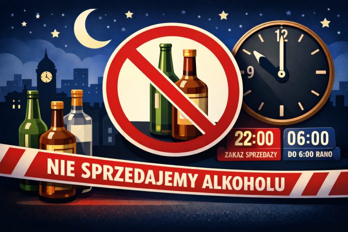 zakaz sprzedazy alkoholu grafika z butelkami, zegarem i nocnym niebem