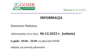 Zamknięcie basenu w dniu 06.12.2025 (w godz. 18:00 - 20:00) - Zawody Fundacji SOS dla Sportu