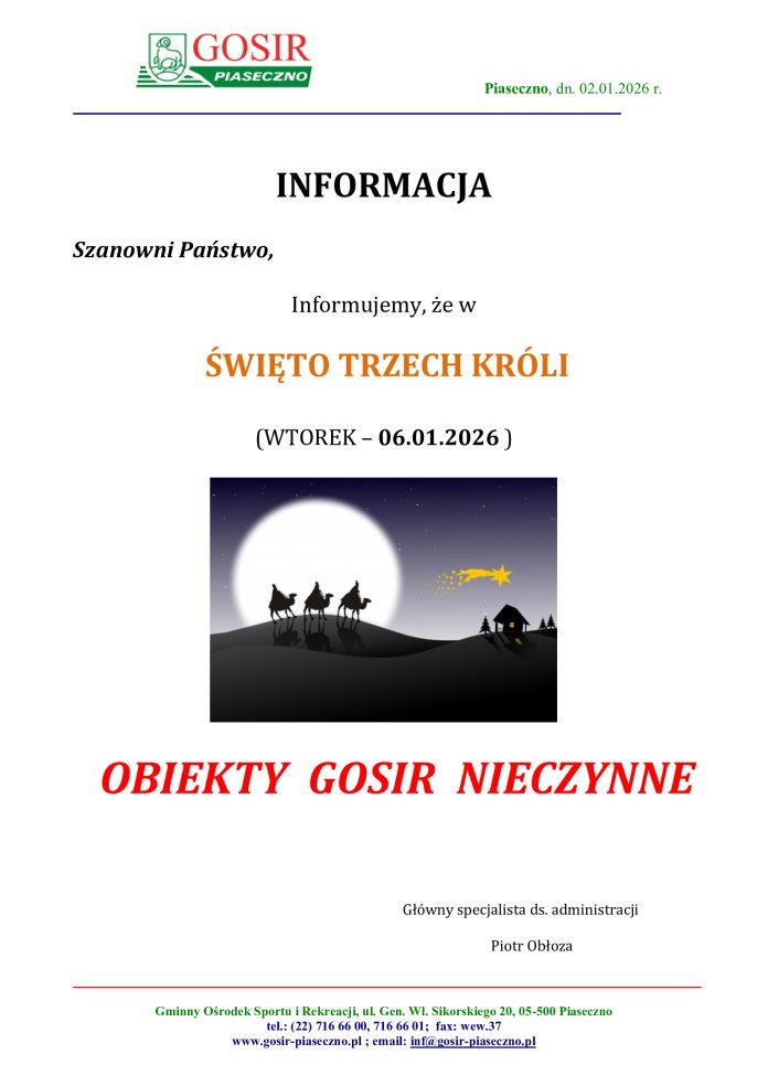 GOSiR nieczynny w dniu 06.01.2026 - Święto Trzech Króli