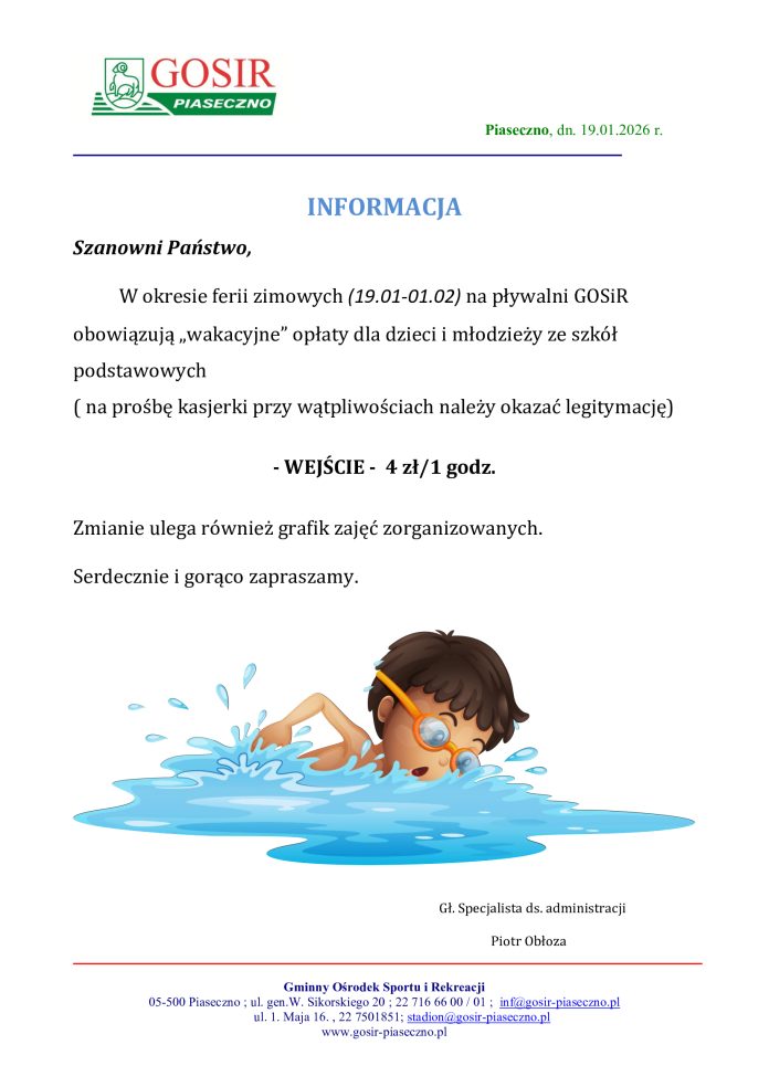 Tańsze bilety na basen dla dzieci i młodzieży w trakcie ferii zimowych Tańsze bilety na basen dla dzieci i młodzieży w trakcie ferii zimowych