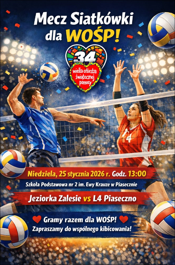 Mecz siatkówki ze zbiórką na rzecz WOŚP plakat mecz siatkówki wośp