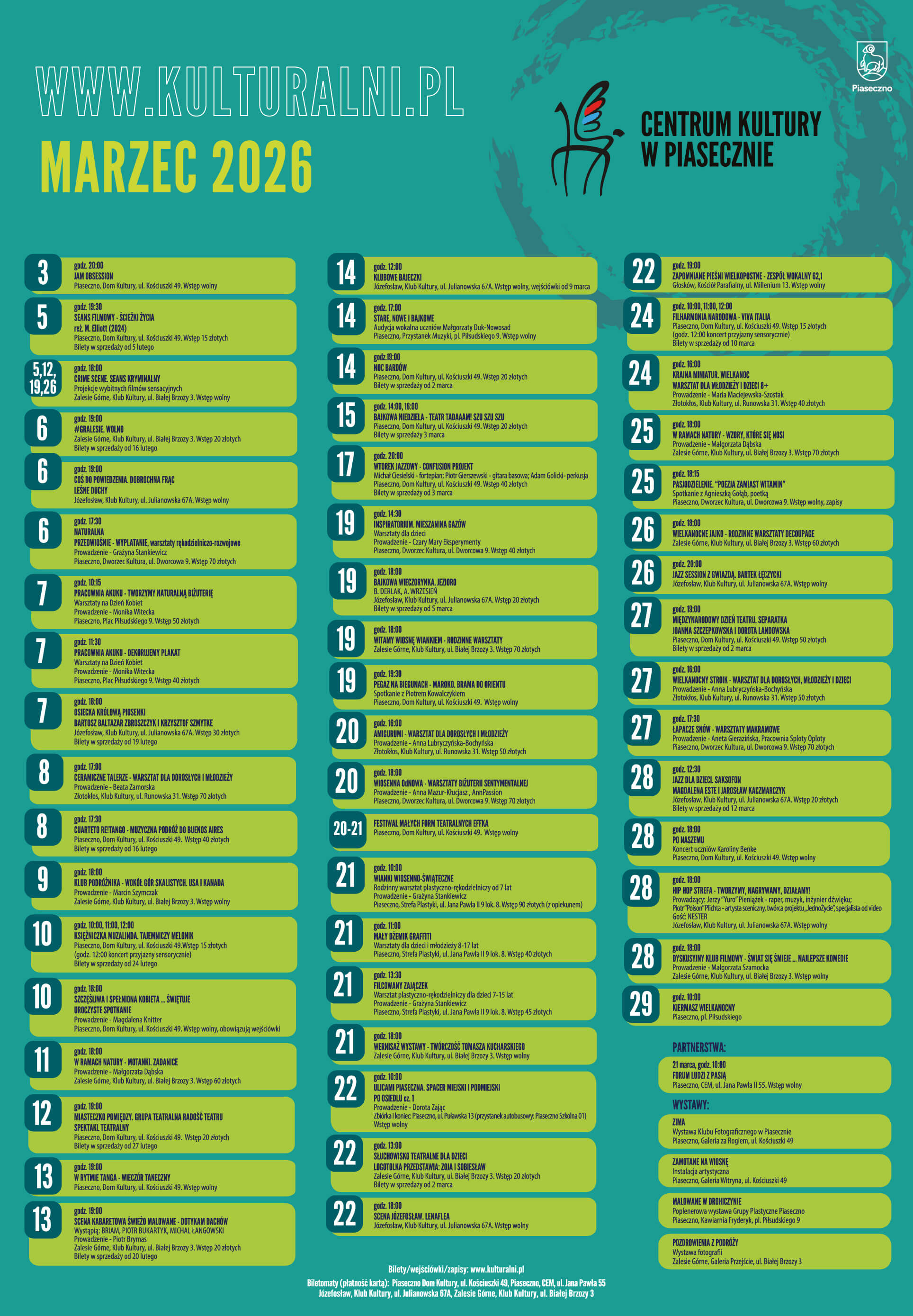 Kalendarz wydarzeń kulturalnych Centym Kultury na marzec 2026
