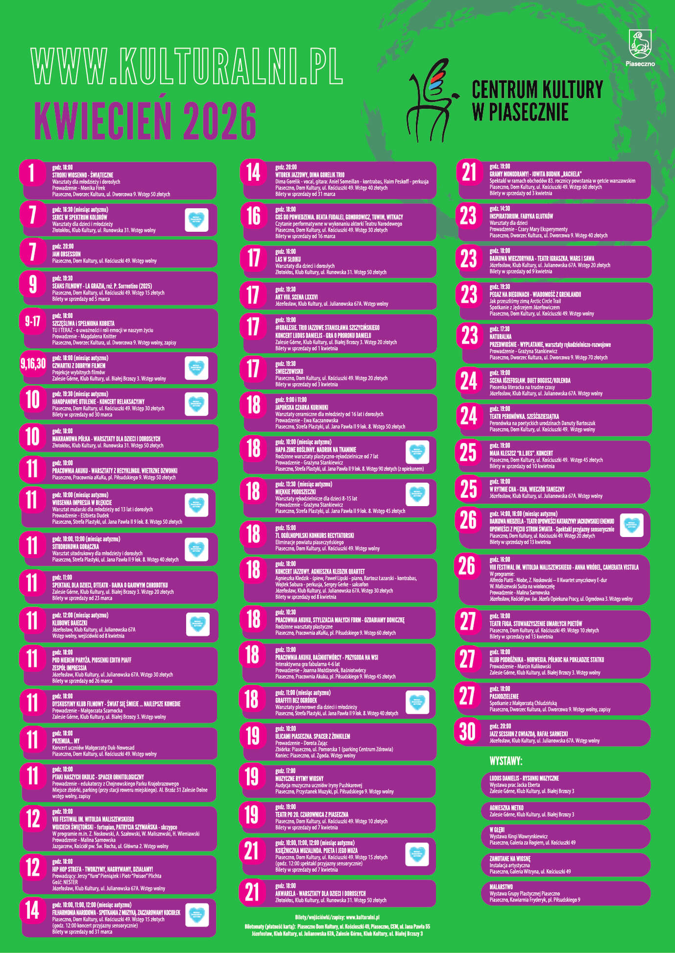 Kalendarz wydarzeń kulturalnych Centym Kultury na kwiecień 2026