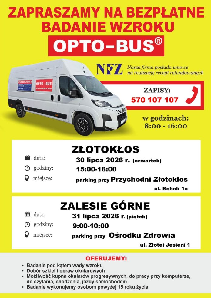 Bezpłatne badanie wzroku OPTO-BUS odwiedzi Złotokłos i Zalesie Górne Bezpłatne badanie wzroku OPTO-BUS odwiedzi Złotokłos i Zalesie Górne