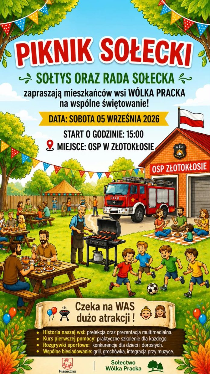 Plakat pikniku sołeckiego dla mieszkańców Wólki Prackiej Plakat pikniku sołeckiego dla mieszkańców Wólki Prackiej