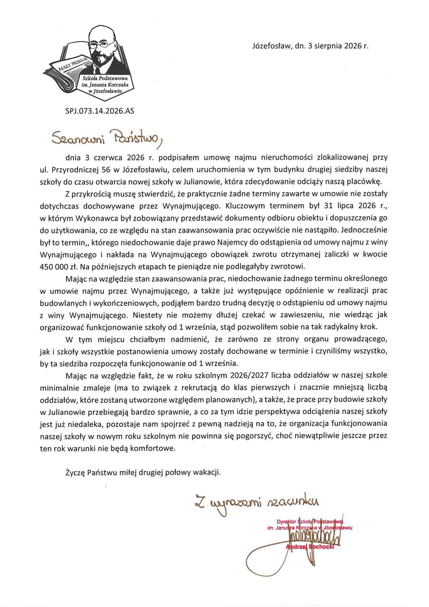 oświadczenie dyrektora szkoły w Józefosławiu