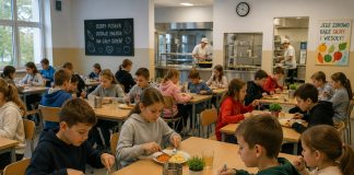 dzieci jedzą obiad na stołówce