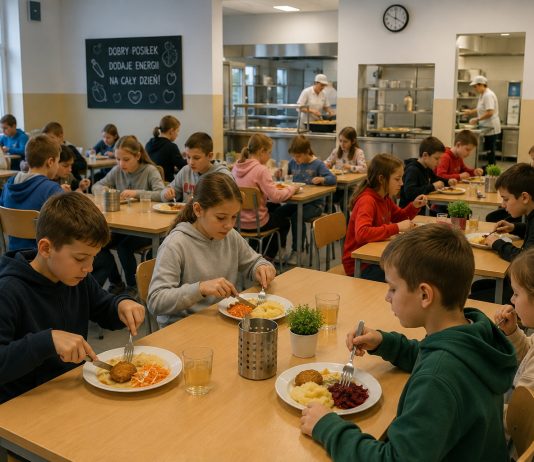 dzieci jedzą obiad na stołówce