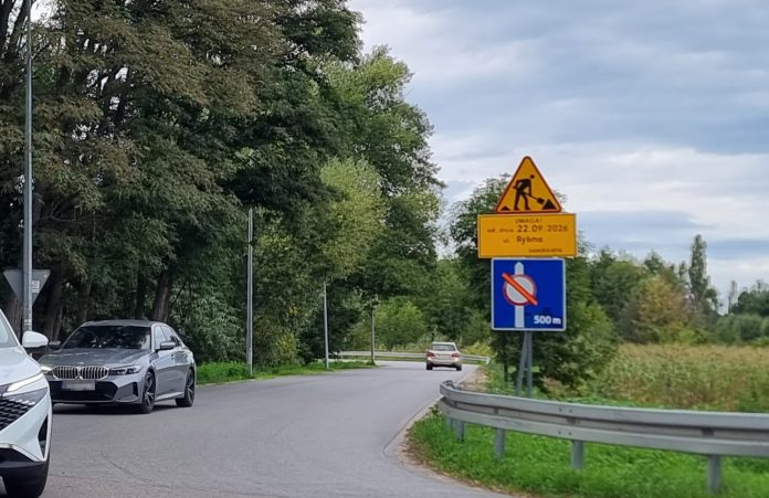 Rybna droga ze znakami i samochodami