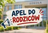 grafika apel do rodziców, w tle budynek szkoły