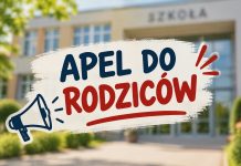 Apel do rodziców o pozostawienie dzieci w domach 9 października grafika apel do rodziców, w tle budynek szkoły