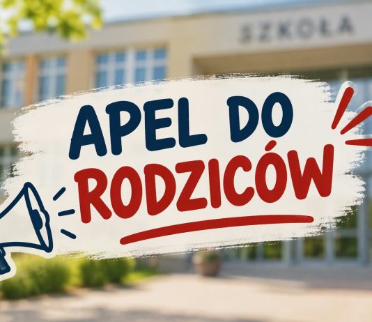 grafika apel do rodziców, w tle budynek szkoły