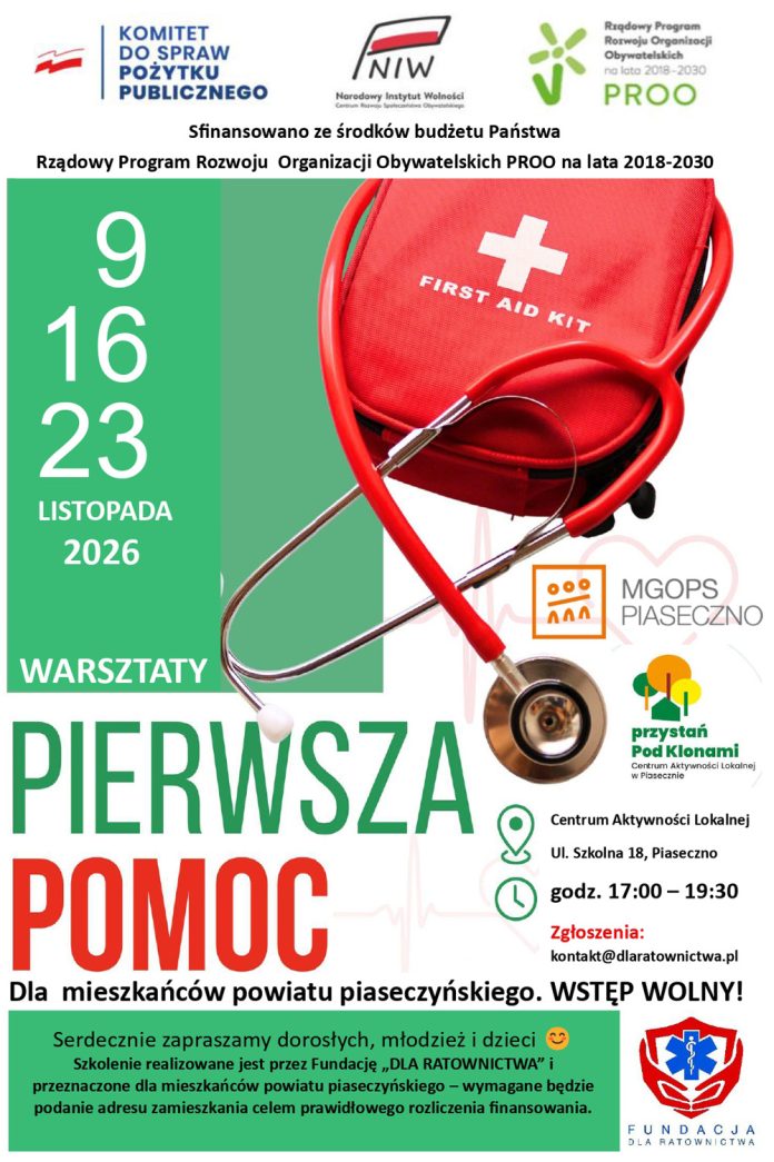Bezpłatne warsztaty z pierwszej pomocy w Piasecznie listopad 2026 Bezpłatne warsztaty z pierwszej pomocy w Piasecznie listopad 2026