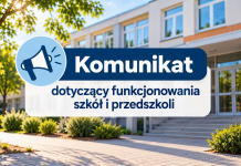 grafika ze szkołą w tle, napis komunikat dotyczący funkcjonowania szkół i przedszkoli