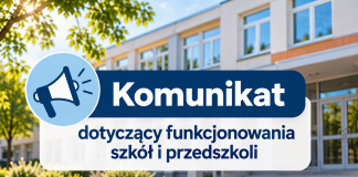 grafika ze szkołą w tle, napis komunikat dotyczący funkcjonowania szkół i przedszkoli