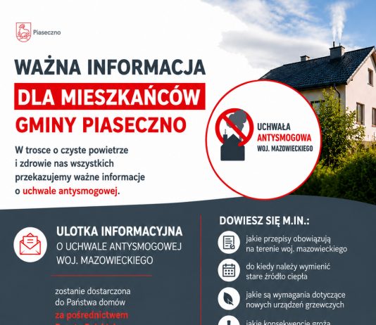 Uchwała antysmogowa obowiązuje mieszkańców województwa mazowieckiego, w tym gminy Piaseczno