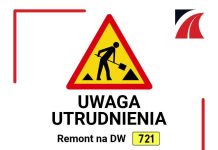 Utrudnienia na DW721 w Starej Iwicznej tablica ze znakiem uwaga remont