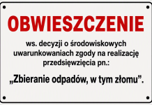 Obwieszczenie ws. postępowania środowiskowego dla przedsięwzięcia pn.: „Zbieranie odpadów, w tym złomu” tablica z napisami